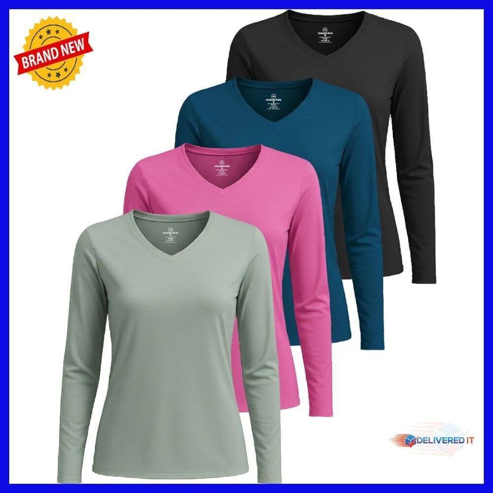 Long Sleeve Dry Fit V-Neck T-Shirt 4 Pack - Active Workout Gym Top